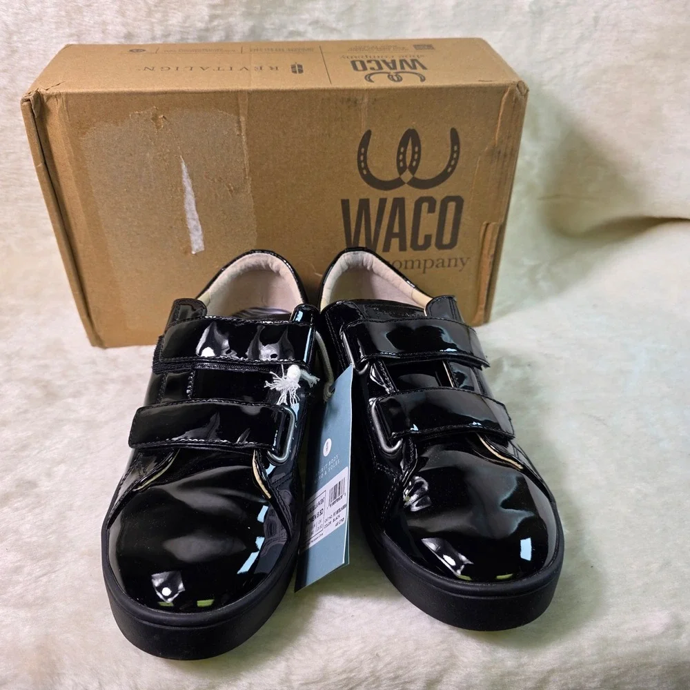 WACO Revitalign Hook Loop Sneakers Patent Leather Black Women 8.5D WIDE NEW